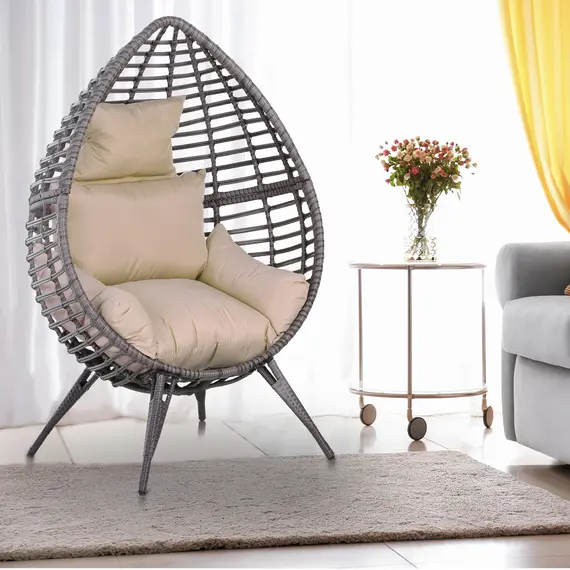 Buy Outsunny Garden Egg Chair, Teardrop Outdoor PE Rattan Chair with Full-body Soft Padded Cushion, Grey, 7 image