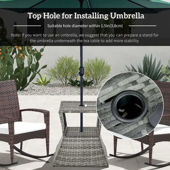 Buy Outdoor Patio Rattan Wicker Coffee Table Bistro Side Table w/ Umbrella Hole and Storage Space, Grey, 5 image