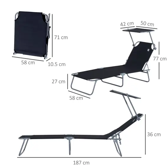 Buy Outsunny Outdoor Foldable Sun Lounger, 4 Level Adjustable Backrest Reclining Sun Lounger Chair with Angle Adjust Sun Shade Awning for Beach, Garden, Patio, Black, 3 image