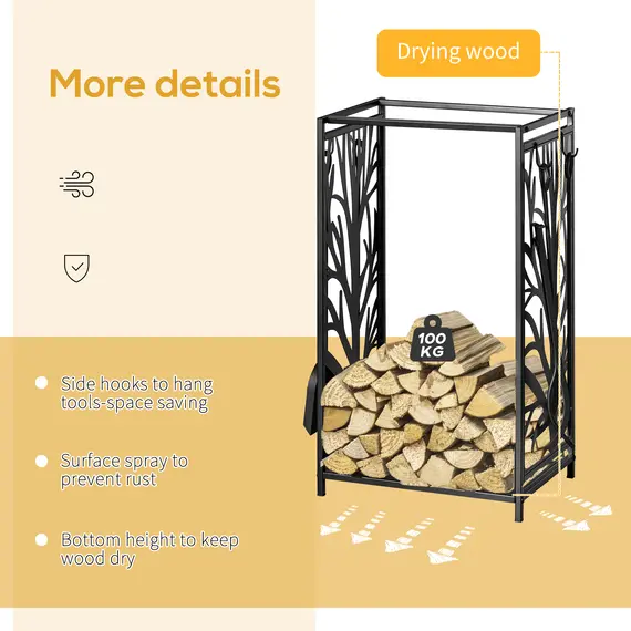 Buy HOMCOM Steel Firewood Log Holder Indoor Outdoor Firewood Rack Fireplace Wood Storage Shelf with 4 Tools, Hooks, Tree Pattern Design, Rust-Resistant, Black, 46W x 30D x 70H cm, 5 image
