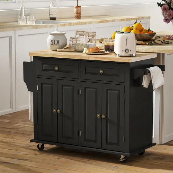 Buy Rolling Kitchen Island Storage Trolley with Rubber Wood Top & Drawers for Dining Room, Black, 2 image