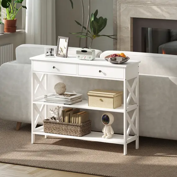 Buy Console Table Side Desk w/ Shelves Drawers Open Top X Support Frame Living Room Hallway Home Office Furniture White, 6 image