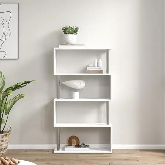 Buy S Shape Bookcase, 5 Tiers Bookshelf, Modern Freestanding Storage Shelf for Home Office, Study, Living Room, 80 x 30 x 145cm, White, 8 image