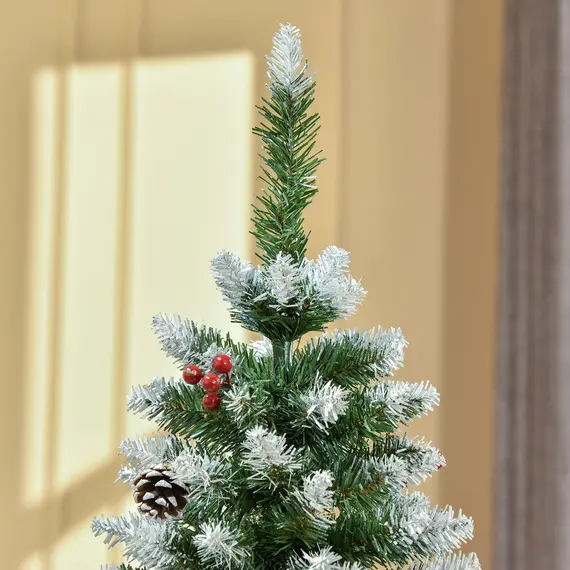 Buy 5FT Artificial Christmas Tree Xmas Pencil Tree with Red Berries and Pinecones Holiday Home Indoor Decoration with Foldable Feet, Green, 8 image