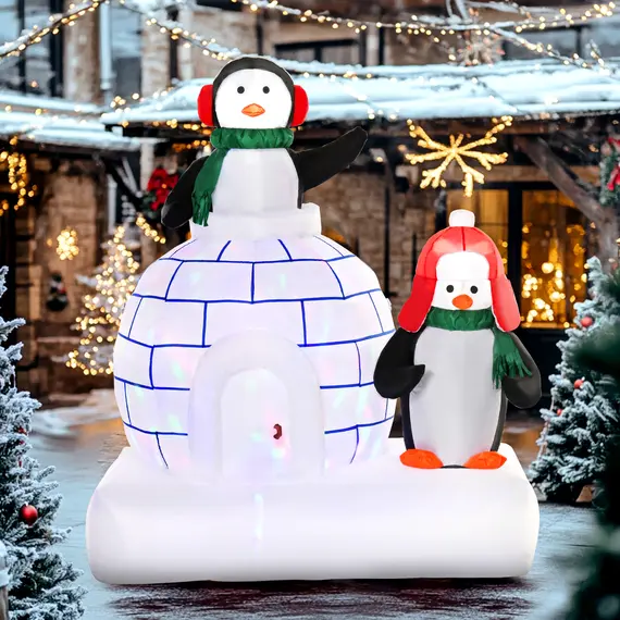 Buy HOMCOM 5ft Christmas Inflatable Two Penguins Wearing a Scarf with Ice House Blow Up Decor Home Indoors with Built-in LED Lights Outdoor Toys in Lawn Garden, 2 image