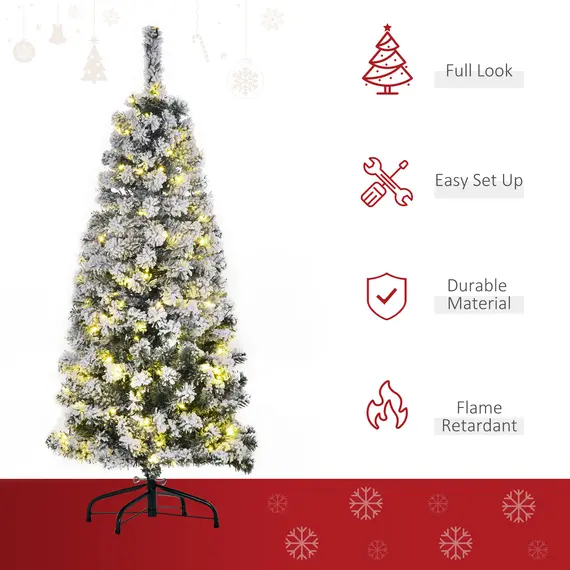 Buy 4FT Prelit Artificial Snow Flocked Christmas Tree with Warm White LED Light, Holiday Home Xmas Decoration, Green White, 4 image