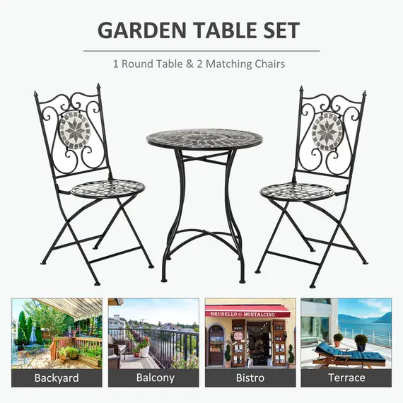 Buy 3 Pcs Mosaic Tile Garden Bistro Set Outdoor Seating w/ Table 2 Folding Chairs Set Metal Frame Elegant Scrolling Indoor Patio Balcony, 5 image