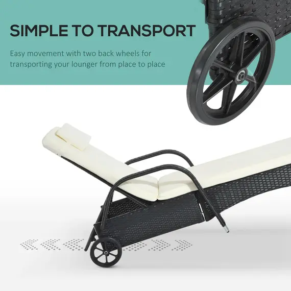 Buy Outsunny Rattan Sun Lounger, Garden Lounger Recliner with Wheels and Adjustable Backrest, Outdoor Reclining Sunbed Garden Chair with Cushion and Headrest for Patio, Beach, Terrace, Black, 7 image