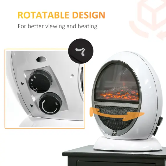 Buy HOMCOM Freestanding Electric Fireplace Indoor Space Table Top Heater with Realistic Flame Effect, Rotatable Head, Overheating Protection, 1500W, White, 5 image