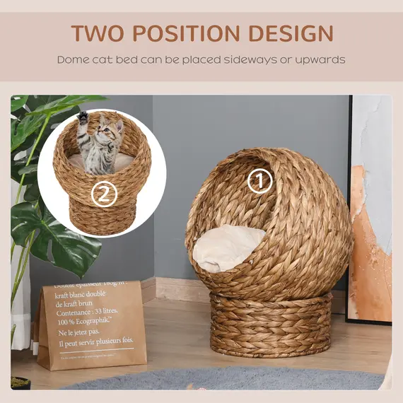 Buy Woven Banana Leaf Elevated Cat Bed Wicker Kitten Basket Pet Den, House Cosy Cave with Soft Cushion Dome 50x42x60cm Brown, 6 image