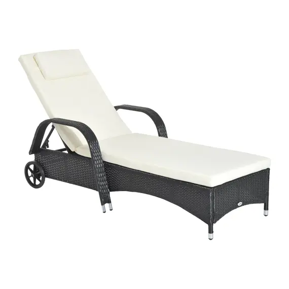 Buy Outsunny Rattan Sun Lounger, Garden Lounger Recliner with Wheels and Adjustable Backrest, Outdoor Reclining Sunbed Garden Chair with Cushion and Headrest for Patio, Beach, Terrace, Black
