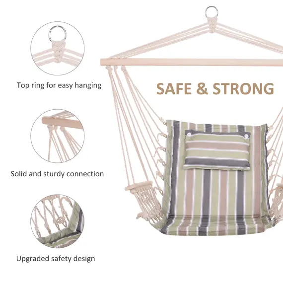 Buy Garden Outdoor Hanging Hammock Chair Thick Rope Frame Wooden Arms Safe Wide Seat Garden Outdoor Spot Stylish Multicoloured stripes, 4 image