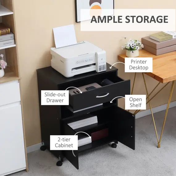 Buy Printer Stand Mobile Printer Cabinet with Storage, Open Shelf, Drawer for Home Office, 60cm x 39cm x 80cm, Black, 4 image