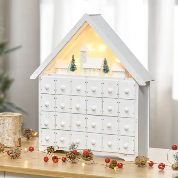 Buy 24-Drawer Christmas Advent Calendar, Wooden Light-Up Traditional Decoration, Adults Kids Countdown Holiday House w/ Lights Handle White, 2 image