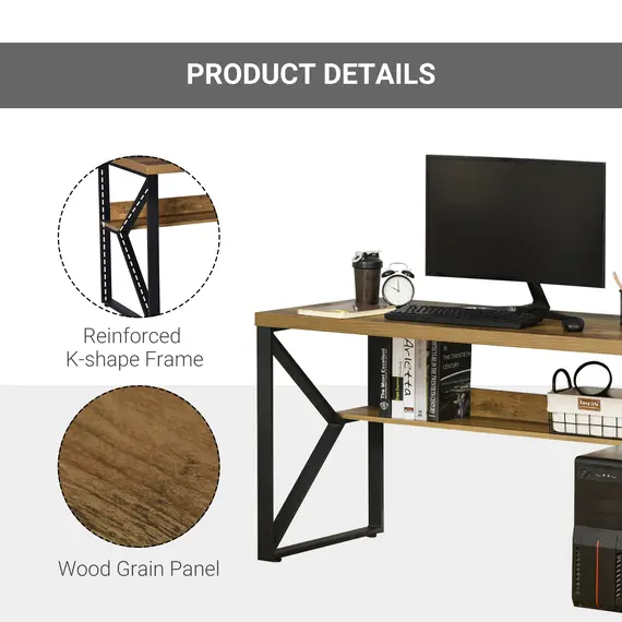 Buy Computer Desk Writing Desk Home Office PC Laptop Workstation with Storage Shelf 120 x 60 x 76cm Black Brown Wood Effect, 6 image