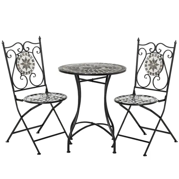 Buy 3 Pcs Mosaic Tile Garden Bistro Set Outdoor Seating w/ Table 2 Folding Chairs Set Metal Frame Elegant Scrolling Indoor Patio Balcony