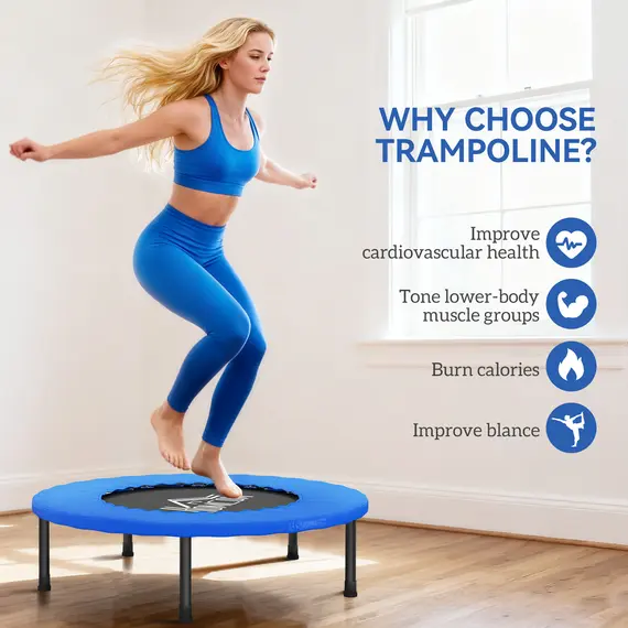 Buy HOMCOM 32" Mini Fitness Trampoline Home Gym Yoga Exercise Rebounder Indoor Outdoor Jumper with Safety Pad, Support Up to 100 KG, Blue and Black, 6 image