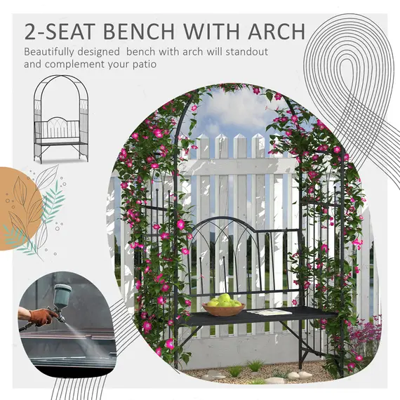 Buy Garden Metal Arch Bench Outdoor Patio Rose Trellis Arbour Pergola for Climbing Plant Antique Style 2-Seater Chair, Black, 4 image
