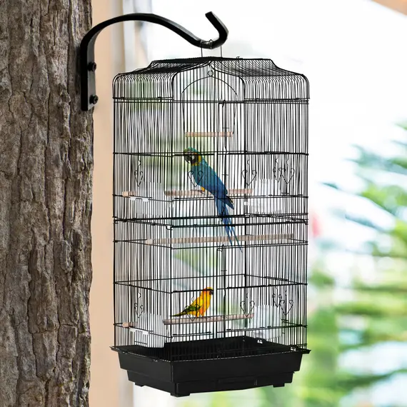 Buy Large Metal Bird Cage with Stand, Perches, Food Bowls, Swing, for Budgies, Parakeets, Black, 8 image