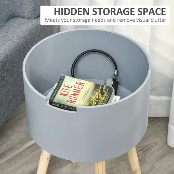 Buy Modern Side Table with Hidden Storage Space, Round Night Stand with Removable Tray Wood Frame End Coffee Table for Living Room, Grey, 4 image