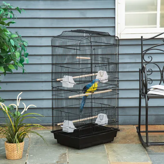 Buy Large Metal Bird Cage with Stand, Perches, Food Bowls, Swing, for Budgies, Parakeets, Black, 2 image