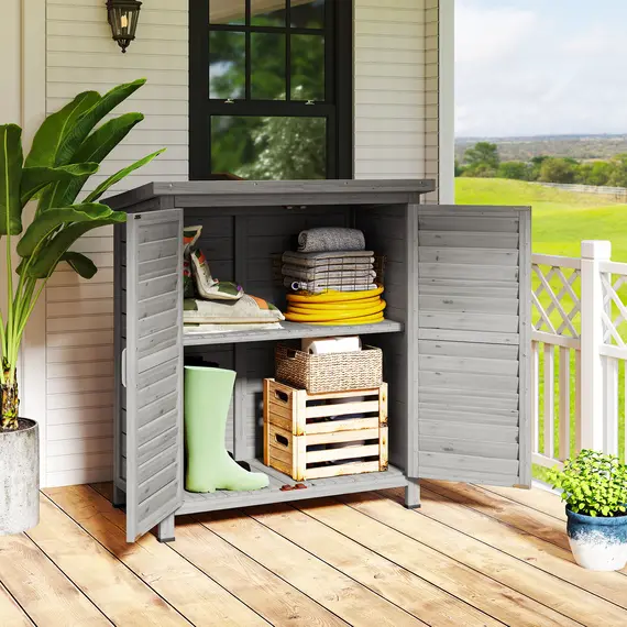 Buy Outsunny Garden Shed Wooden Garden Storage Shed 2 Door Unit Solid Fir Wood Garage Tool Organisation Cabinet, 87L x 46.5W x 96.5Hcm, Grey, 2 image