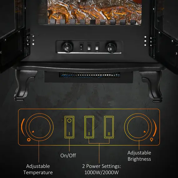 Buy HOMCOM Electric Fireplace Stove Heater with LED Fire Flame Effect, Double Door, Freestanding & Portable with Overheat Protection, 1000W/2000W, Black, 5 image