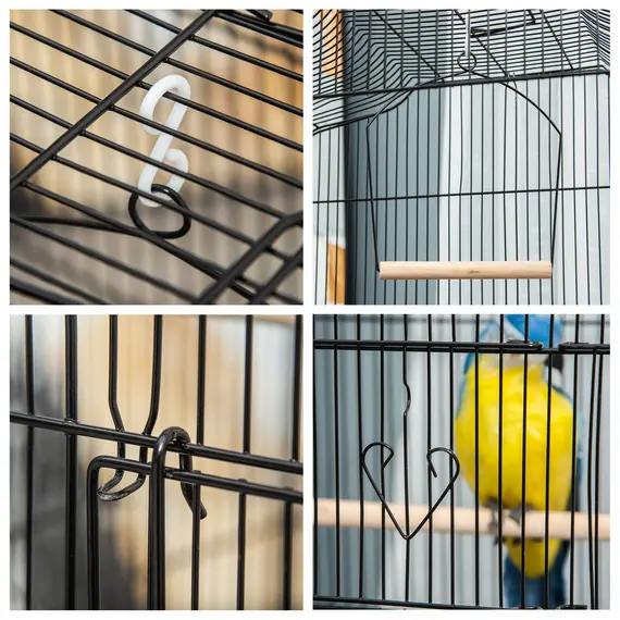 Buy Large Metal Bird Cage with Stand, Perches, Food Bowls, Swing, for Budgies, Parakeets, Black, 9 image