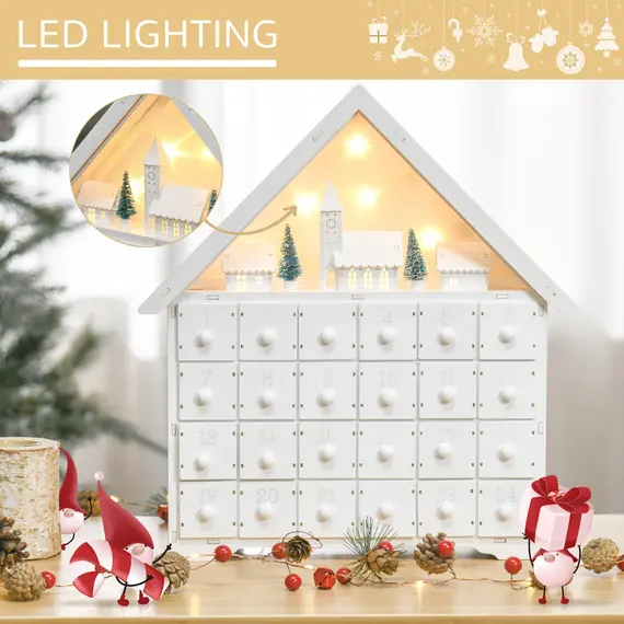 Buy 24-Drawer Christmas Advent Calendar, Wooden Light-Up Traditional Decoration, Adults Kids Countdown Holiday House w/ Lights Handle White, 4 image