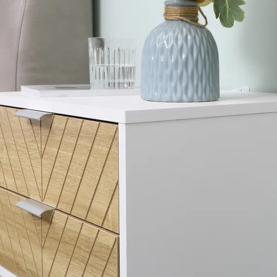 Buy Modern Bedside Table with 2 Drawers and Metal Frame, Sofa Side Table for Bedroom Living Room, White and Oak, 8 image