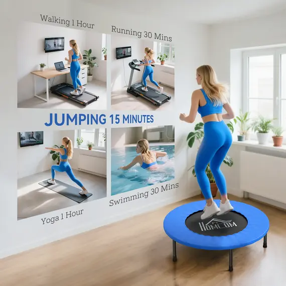 Buy HOMCOM 32" Mini Fitness Trampoline Home Gym Yoga Exercise Rebounder Indoor Outdoor Jumper with Safety Pad, Support Up to 100 KG, Blue and Black, 5 image
