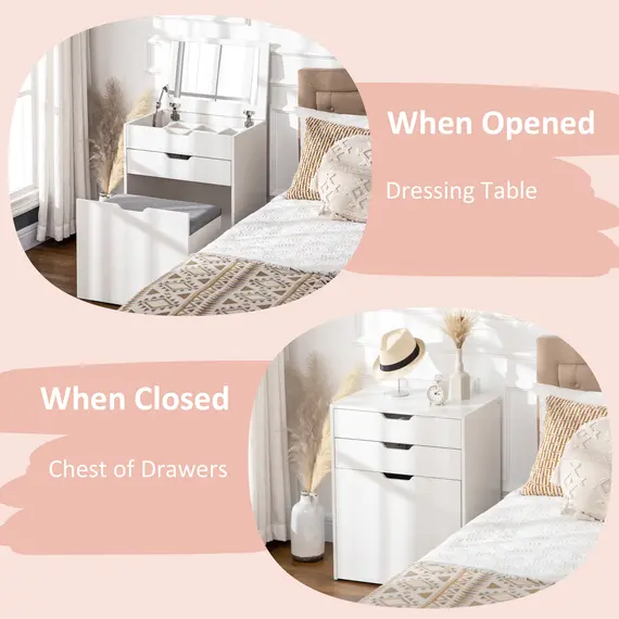 Buy Dressing Table with Flip-up Mirror and Storage Stool, Vanity Table with Drawer and Hidden Compartments for Bedroom, Living Room, White, 7 image