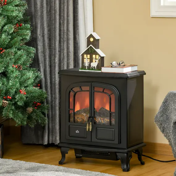 Buy HOMCOM Electric Fireplace Stove Heater with LED Fire Flame Effect, Double Door, Freestanding & Portable with Overheat Protection, 1000W/2000W, Black, 2 image
