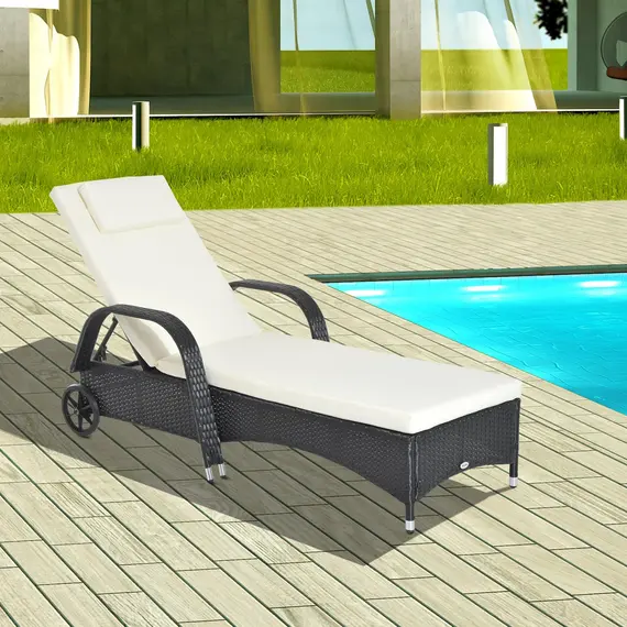 Buy Outsunny Rattan Sun Lounger, Garden Lounger Recliner with Wheels and Adjustable Backrest, Outdoor Reclining Sunbed Garden Chair with Cushion and Headrest for Patio, Beach, Terrace, Black, 2 image