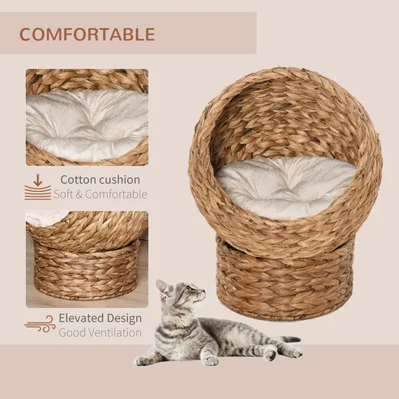Buy Woven Banana Leaf Elevated Cat Bed Wicker Kitten Basket Pet Den, House Cosy Cave with Soft Cushion Dome 50x42x60cm Brown, 4 image
