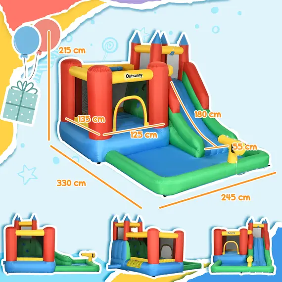 Buy Kids Inflatable Bouncy Castle Water Slide 6 in 1 Bounce House Jumping Castle Water Pool Gun Climbing Wall Basketball Hoop with Air Blower for Summer Playland, 3 image