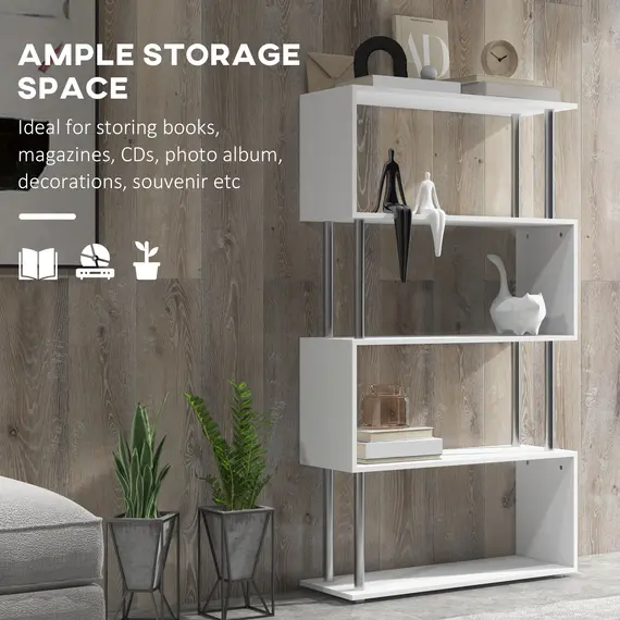 Buy S Shape Bookcase, 5 Tiers Bookshelf, Modern Freestanding Storage Shelf for Home Office, Study, Living Room, 80 x 30 x 145cm, White, 4 image