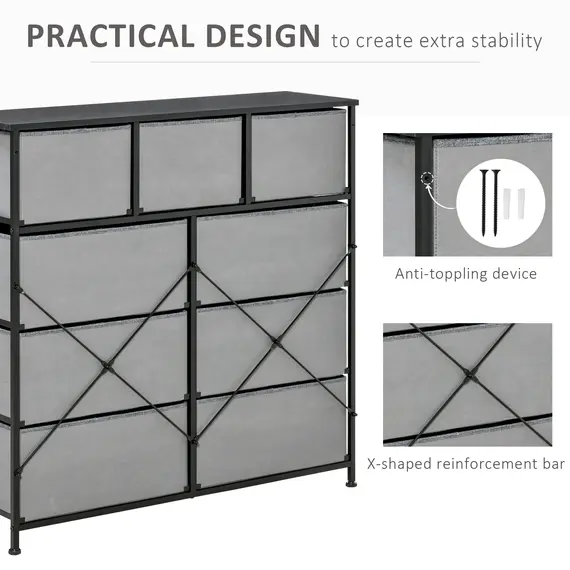Buy Nine Drawer Fabric Dresser - Grey, 7 image