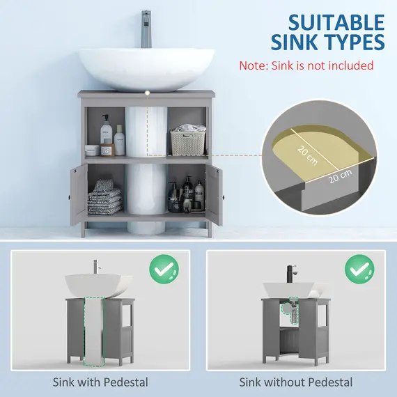 Buy Pedestal Under Sink Cabinet with Double Doors, Modern Bathroom Vanity Storage Unit with Shelves, Light Grey, 4 image