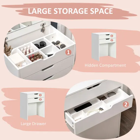 Buy Dressing Table with Flip-up Mirror and Storage Stool, Vanity Table with Drawer and Hidden Compartments for Bedroom, Living Room, White, 5 image