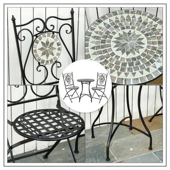 Buy 3 Pcs Mosaic Tile Garden Bistro Set Outdoor Seating w/ Table 2 Folding Chairs Set Metal Frame Elegant Scrolling Indoor Patio Balcony, 7 image