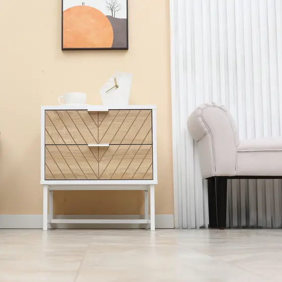 Buy Modern Bedside Table with 2 Drawers and Metal Frame, Sofa Side Table for Bedroom Living Room, White and Oak, 7 image