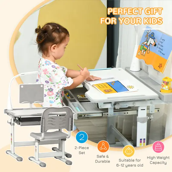 Buy Kids Study Desk and Chair Set w/ Adjustable Height, Storage, Drawer, Grey, 4 image