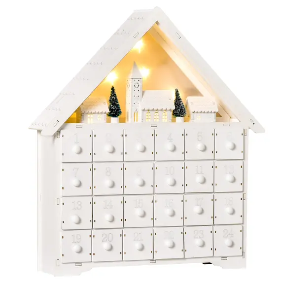 Buy 24-Drawer Christmas Advent Calendar, Wooden Light-Up Traditional Decoration, Adults Kids Countdown Holiday House w/ Lights Handle White