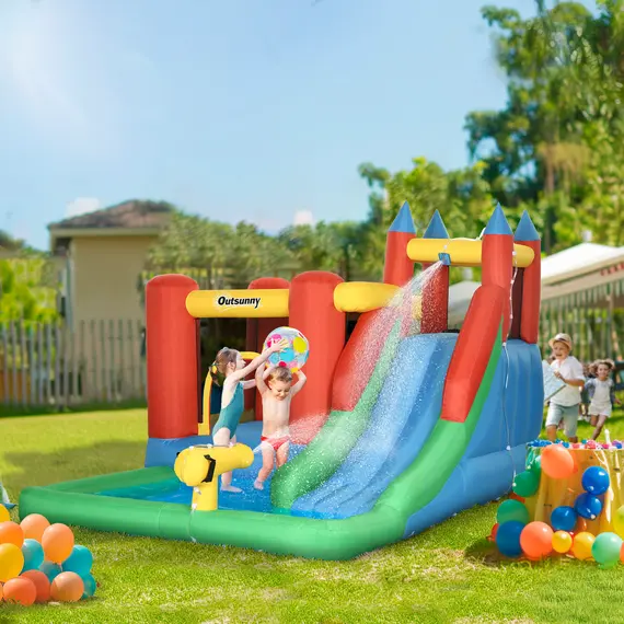 Buy Kids Inflatable Bouncy Castle Water Slide 6 in 1 Bounce House Jumping Castle Water Pool Gun Climbing Wall Basketball Hoop with Air Blower for Summer Playland, 2 image