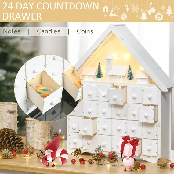 Buy 24-Drawer Christmas Advent Calendar, Wooden Light-Up Traditional Decoration, Adults Kids Countdown Holiday House w/ Lights Handle White, 5 image
