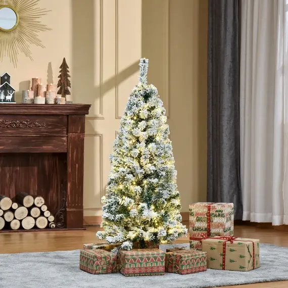 Buy 4FT Prelit Artificial Snow Flocked Christmas Tree with Warm White LED Light, Holiday Home Xmas Decoration, Green White, 2 image