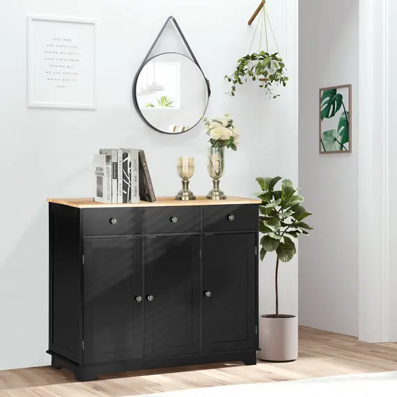 Buy Sideboard with Rubberwood Top and Adjustable Shelves for Dining Room, Kitchen - Black, 2 image