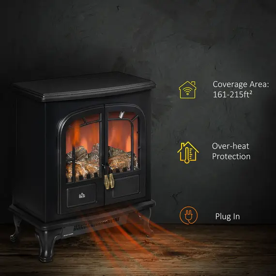 Buy HOMCOM Electric Fireplace Stove Heater with LED Fire Flame Effect, Double Door, Freestanding & Portable with Overheat Protection, 1000W/2000W, Black, 6 image