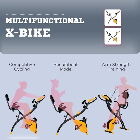 Buy 2-in-1 Folding Exercise Bike with 8-Level Magnetic Resistance, Arm Resistance Band, Pulse Sensor, Yellow, 8 image